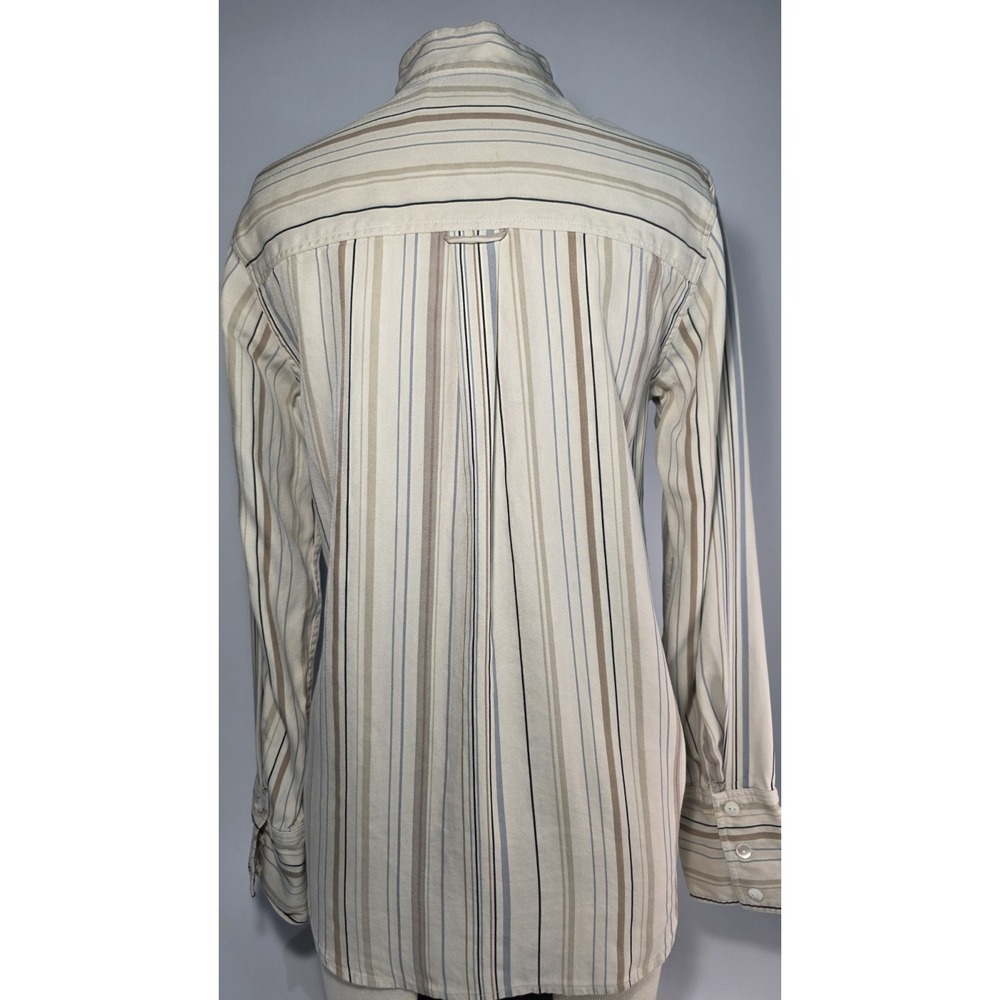 Kate Hill Casual 100% Silk Brown Tan Blue Striped Long Sleeve Blouse - Sz S - Picture 4 of 6